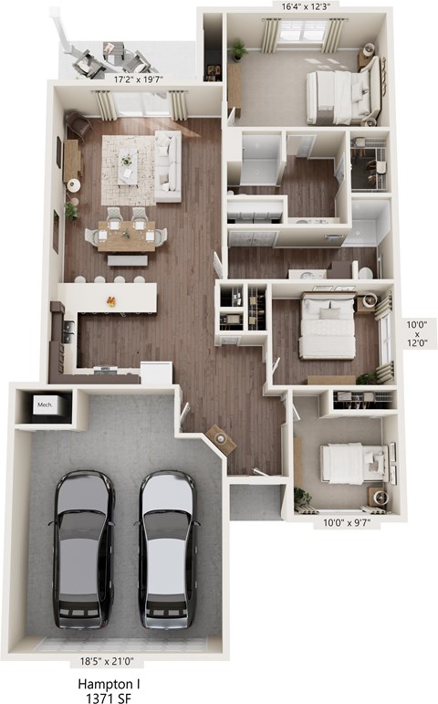 Floor plan for 3 beds, 2 baths, 1371 sqft